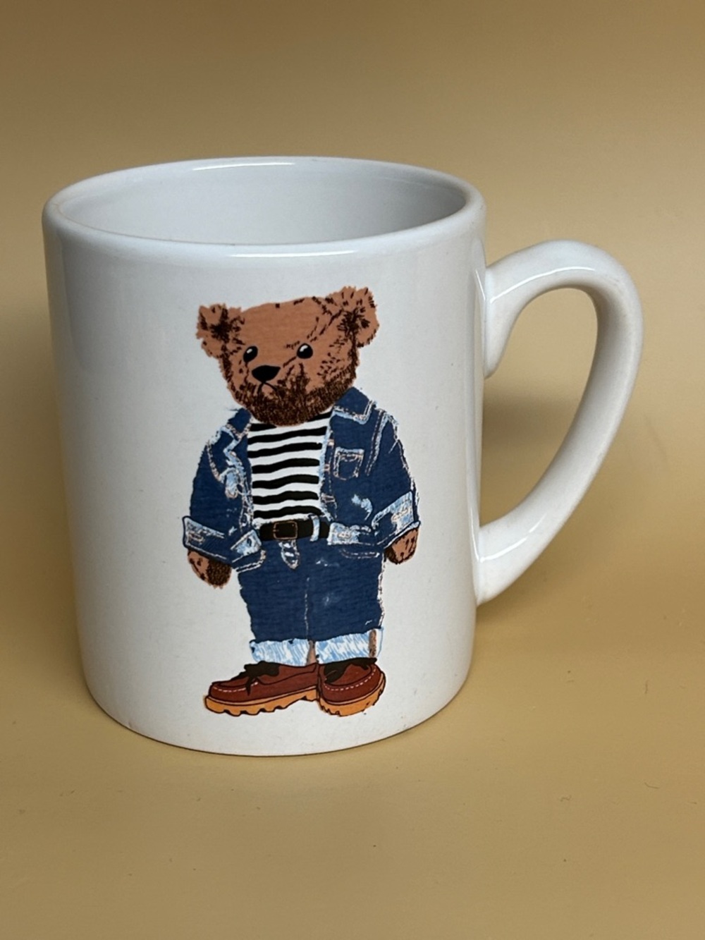 Aris White Mug with Brown Teddy Bear and Blue Outfit